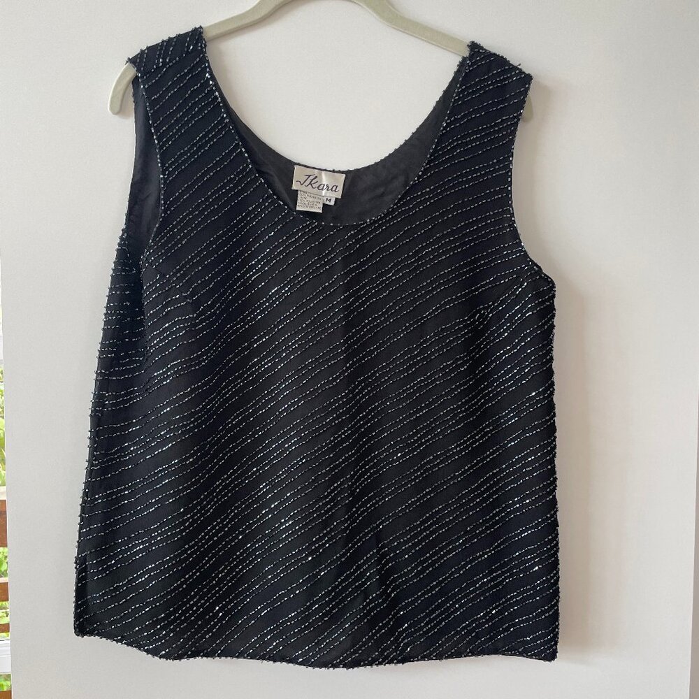 J Kara Black Beaded, Sleeveless Tank Top, Scoop Neck, Size Medium